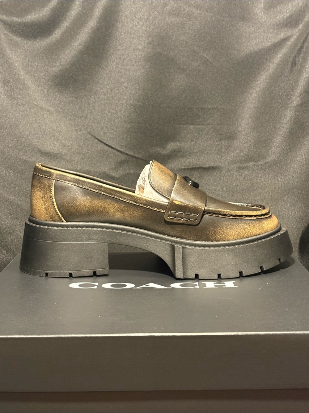 Coach Brown Distressed Leather Platform Penny Loafers